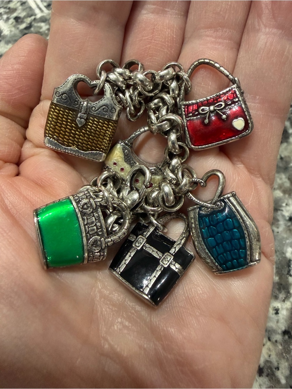 Vintage Signed Brighton Retired Enamel Handbag Purse Charm Bracelet -8” long 56g - Picture 2 of 7